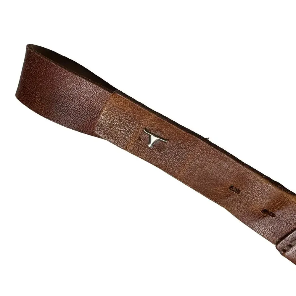 Vintage Mens Brown Leather Belt Size 42 / 44 Texas Longhorn Logo Unbranded